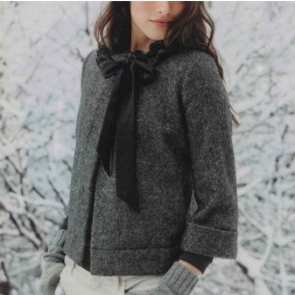 J Crew Cheshire Herringbone 100% Wool Crop Coat Size 6 Gray Black Classic Jacket - Picture 1 of 12